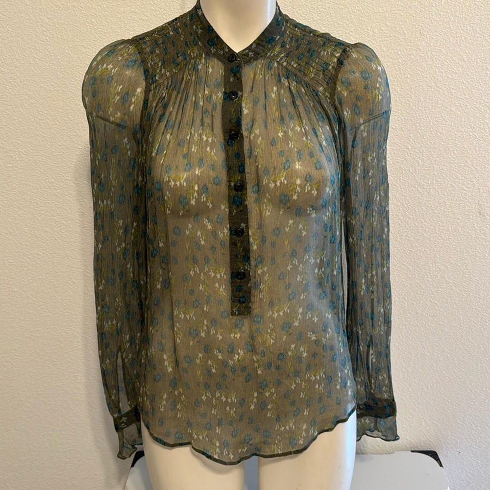 Rag & bone blouse Moss‎ Green Sheer Silk Floral Feminine Blouse top S
